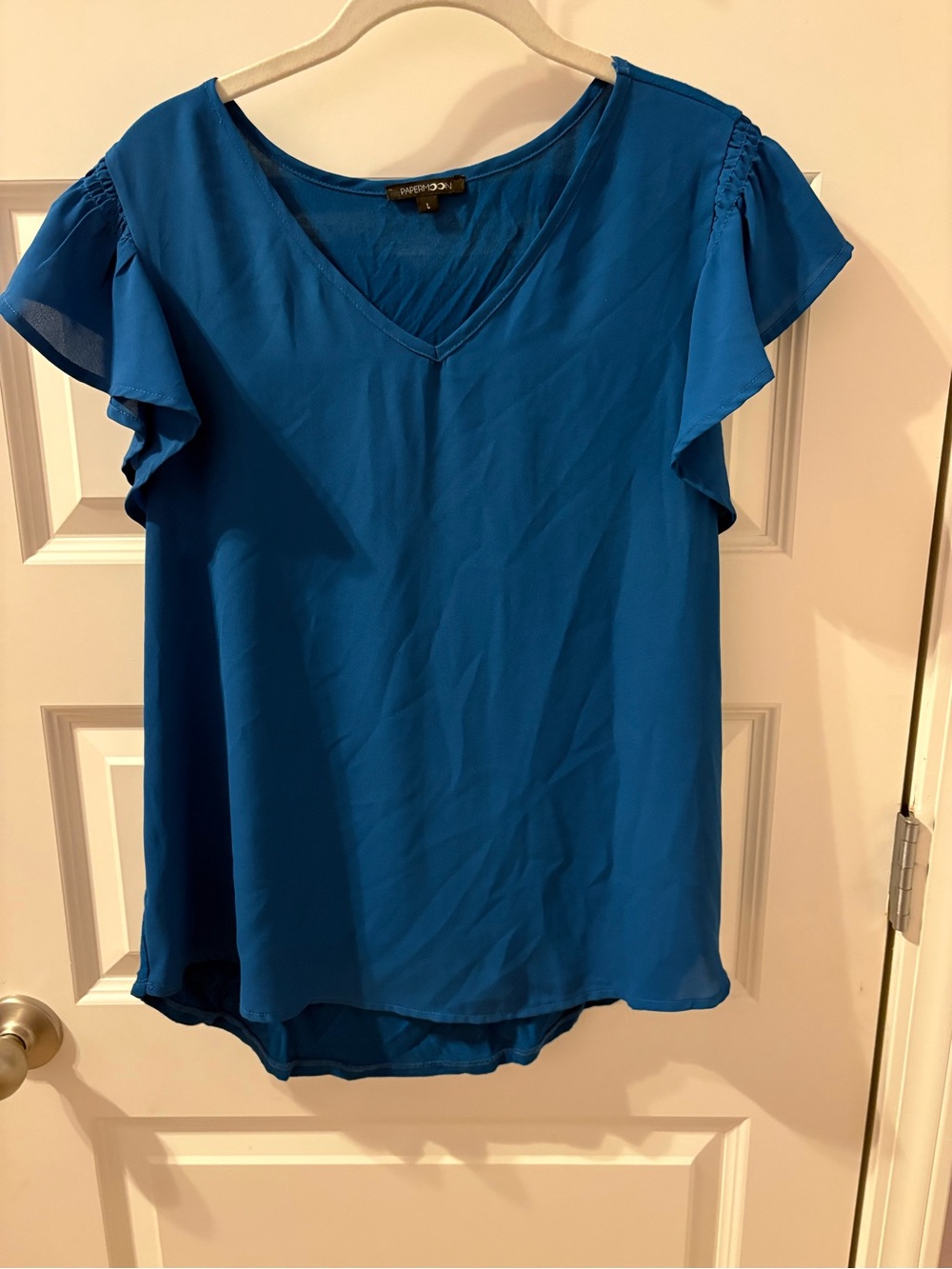 Papermoon Teal-Blue V-Neck Flutter Sleeve Blouse